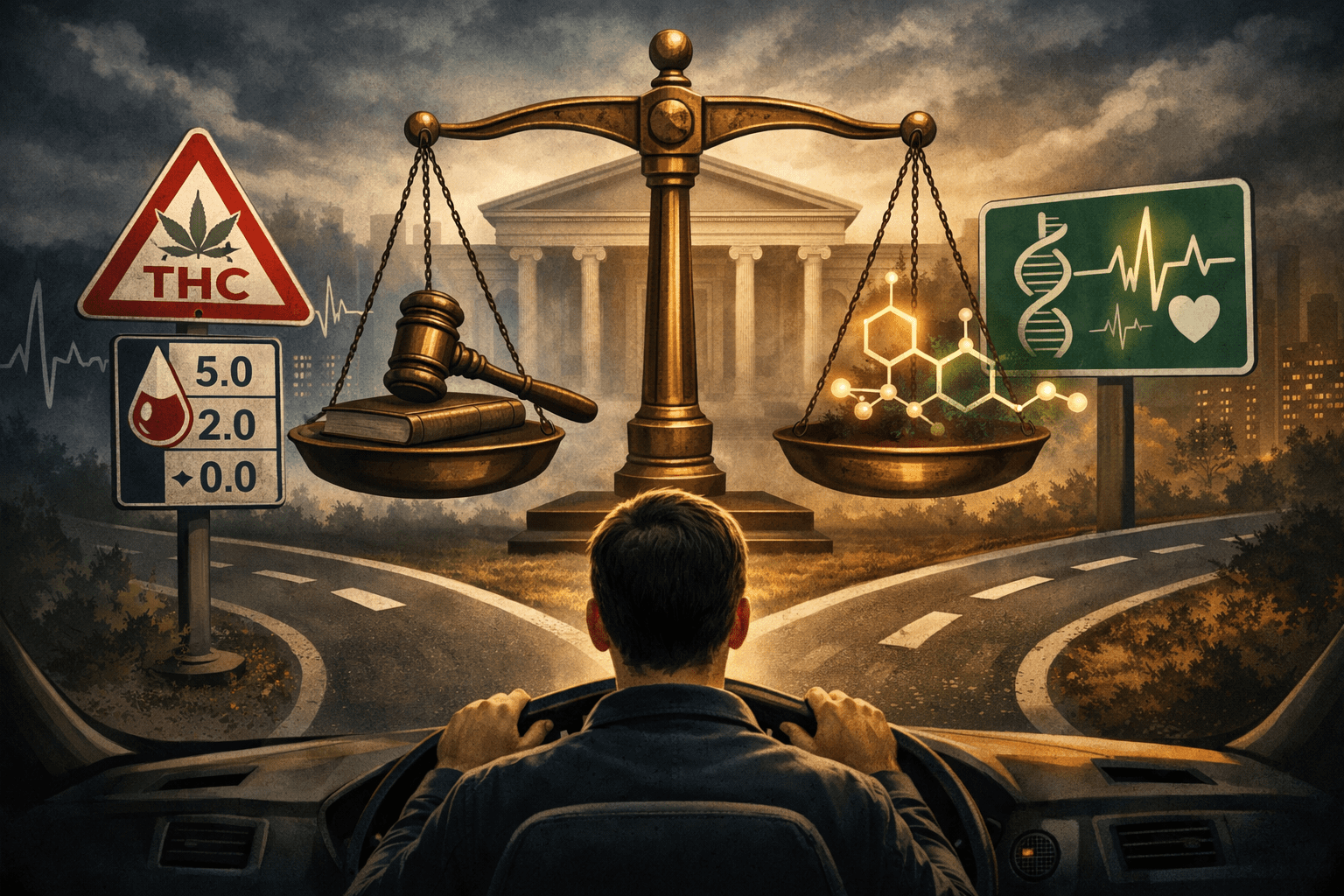 Juridische weegschaal boven bestuurder en cannabis symboliek