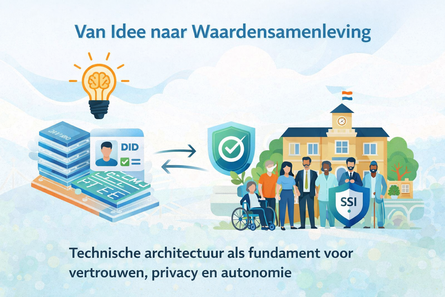 Illustratie met de titel “Van Idee naar Waardensamenleving” waarop links een idee (gloeilamp en digitale lagen met DID) wordt afgebeeld en rechts een diverse gemeenschap voor een gemeentehuis met een SSI-schild, als symbool voor technische architectuur als fundament voor vertrouwen, privacy en autonomie.