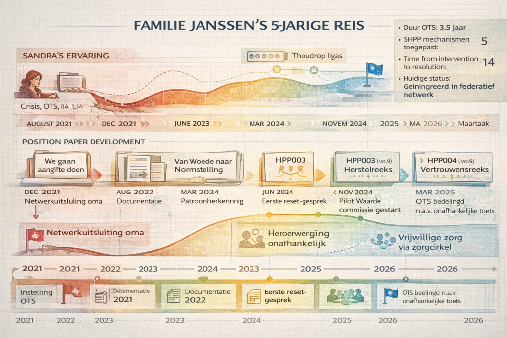Tijdlijn infographic Familie Janssen transformatie 2021-2026 drie sporen governance