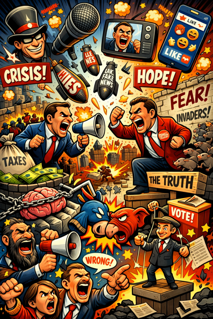 Extreem overdreven cartoonillustratie van schreeuwende politici, explosieve slogans en manipulatieve symbolen als metafoor voor politieke retoriek en polarisatie.