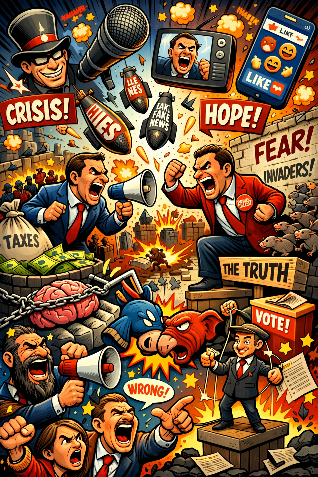 Extreem overdreven cartoonillustratie van schreeuwende politici, explosieve slogans en manipulatieve symbolen als metafoor voor politieke retoriek en polarisatie.