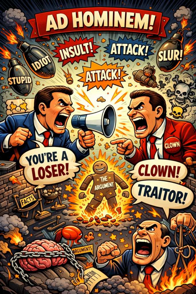 Cartoonillustratie van twee politici die elkaar uitschelden terwijl het inhoudelijke argument in brand staat als symbool voor ad hominem.