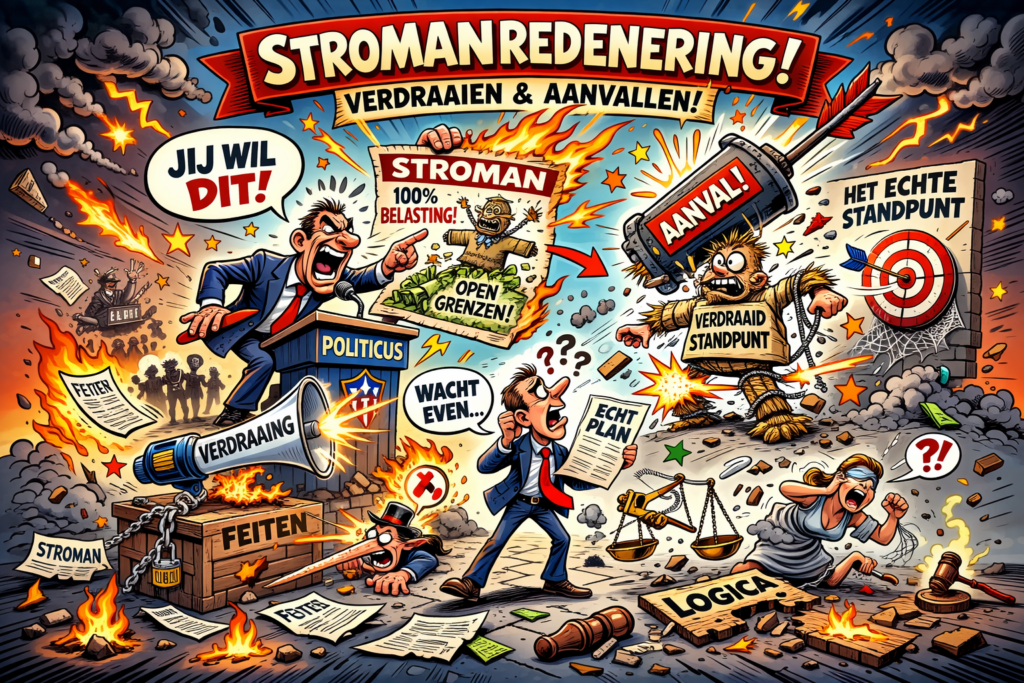 Cartoonillustratie van een politieke stromanredenering waarbij een verdraaid standpunt wordt aangevallen in plaats van het echte argument.