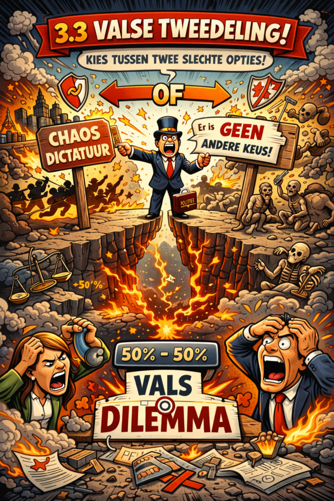 Cartoonillustratie van een politicus tussen twee brandende kloven met de tekst “Valse Tweedeling”, symbool voor een vals dilemma in politieke retoriek.