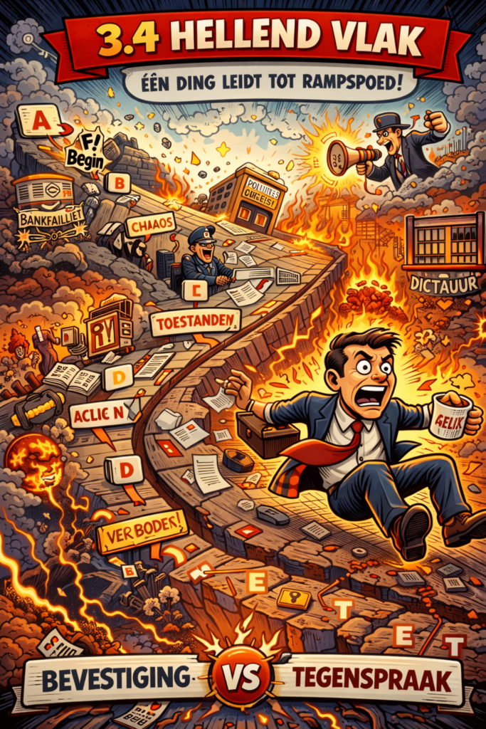 Cartoonillustratie van het hellend vlak: een politicus glijdt van een kleine beslissing naar chaos en dictatuur via een brandende, steeds steiler wordende helling.