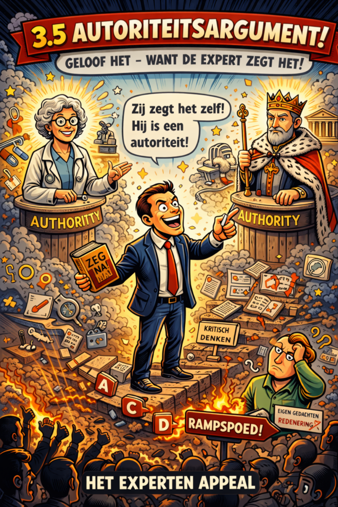 Cartoonillustratie van het autoriteitsargument waarbij een spreker een expert en een koning aanwijst als bewijs, terwijl kritisch denken op de achtergrond wordt genegeerd.