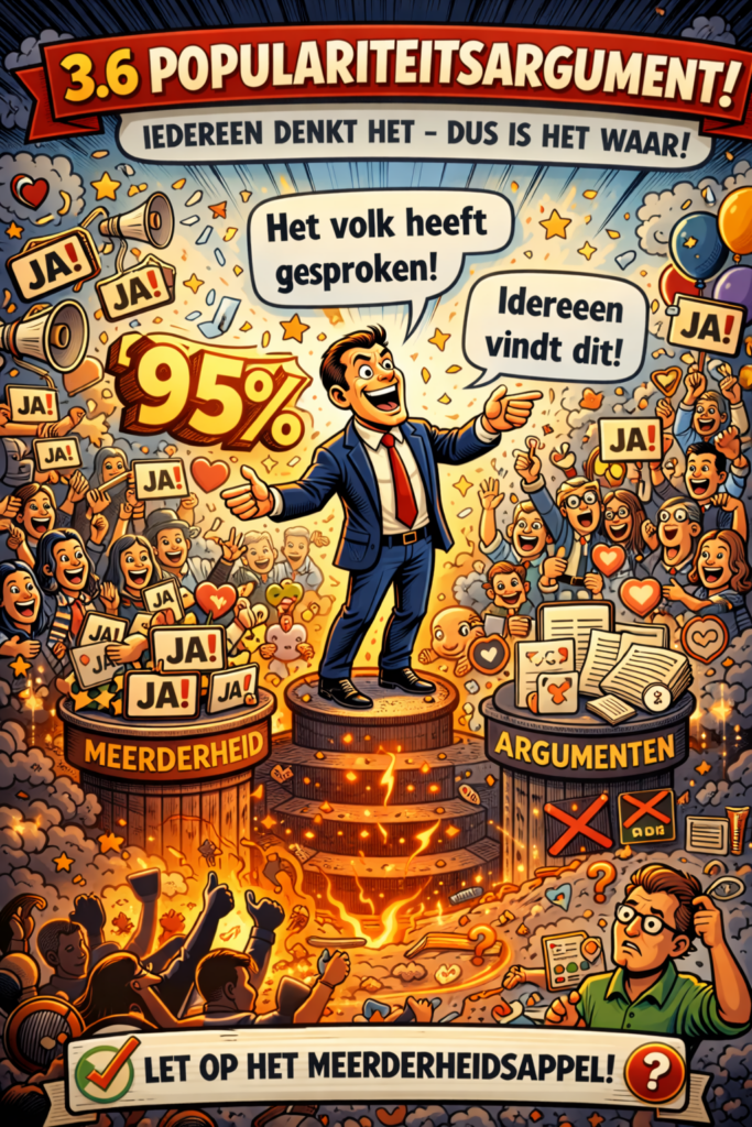 Cartoonillustratie van het populariteitsargument waarbij een politicus steun krijgt van een juichende meerderheid terwijl inhoudelijke argumenten worden genegeerd.