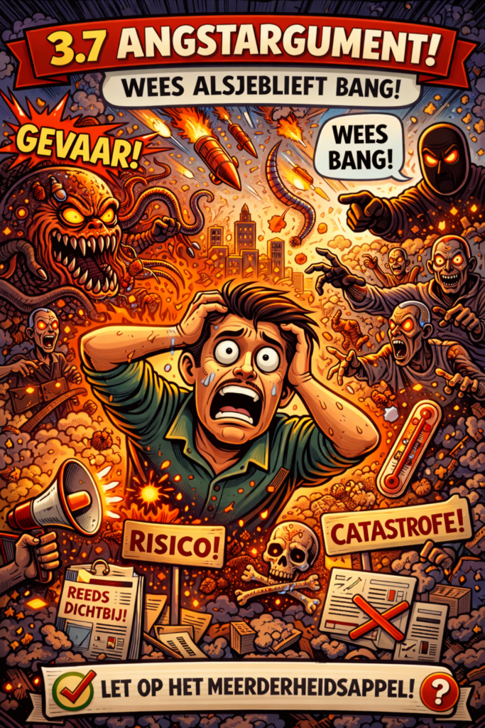 Cartoonillustratie van het angstargument waarbij een panikerende man wordt omringd door overdreven rampscenario’s zoals vuur, monsters en dreigende waarschuwingen.