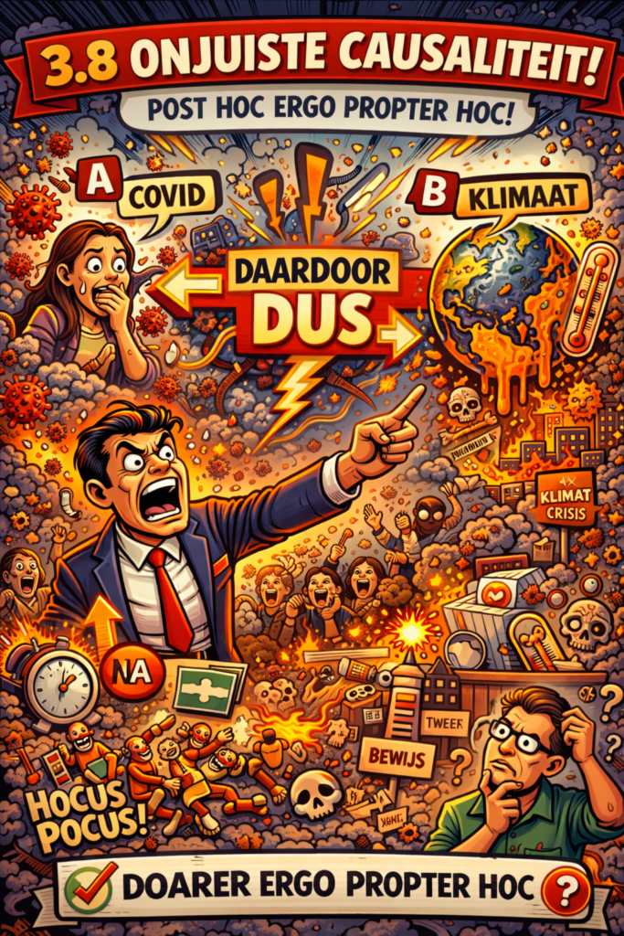 Cartoonillustratie van de drogreden onjuiste causaliteit waarin gebeurtenis A automatisch als oorzaak van gebeurtenis B wordt voorgesteld, met overdreven pijlen, explosies en de tekst “daardoor dus”.