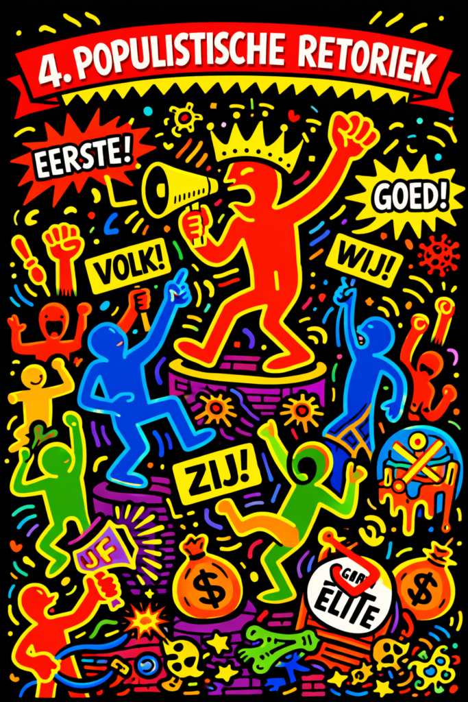 Cartoon in felle neonkleuren van een leider met megafoon op een podium, omringd door juichende figuren en slogans als “Volk!”, “Wij!” en “Elite”, als verbeelding van populistische retoriek.