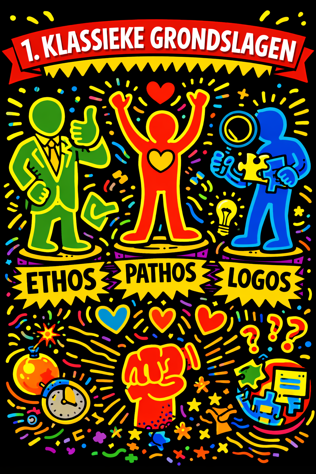 Illustratie in felle pop-artstijl met drie figuren die ethos, pathos en logos voorstellen als klassieke overtuigingsmiddelen in retoriek.