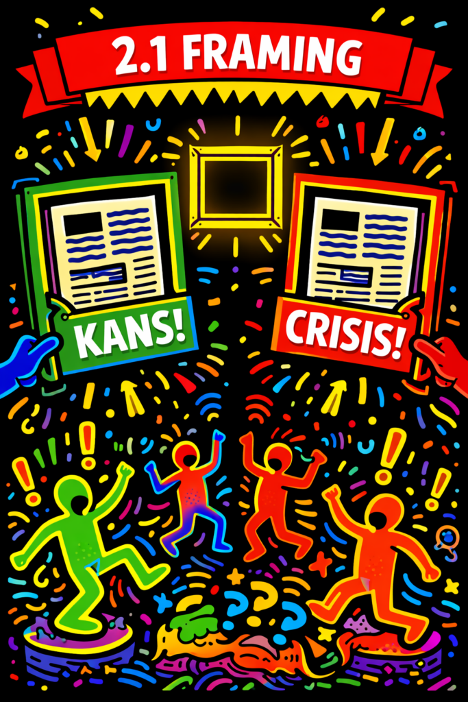 Pop-art illustratie van framing: dezelfde krant gepresenteerd als “KANS” en “CRISIS” binnen verschillend gekleurde kaders.