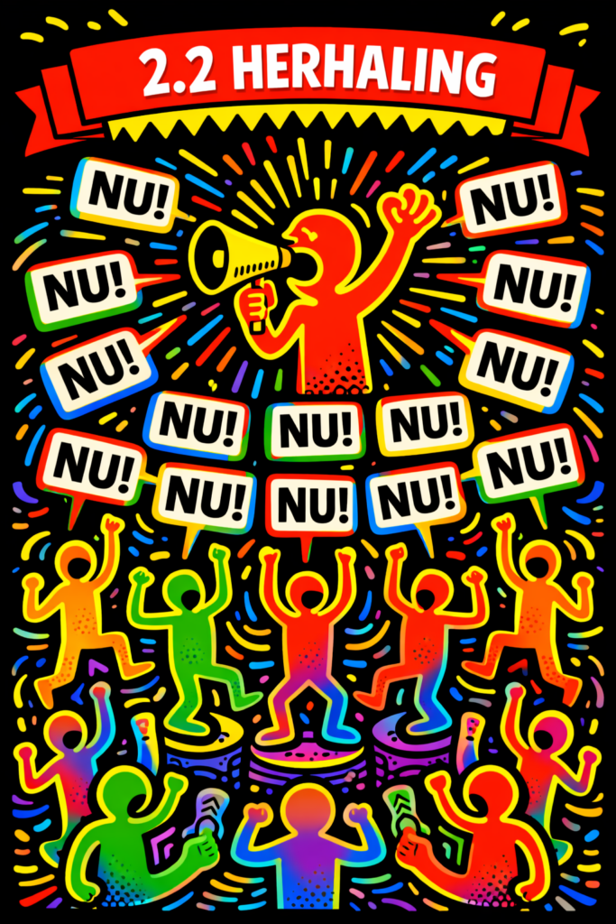 Pop-art illustratie van herhaling in retoriek met meerdere tekstballonnen “NU!” rond een spreker met megafoon.