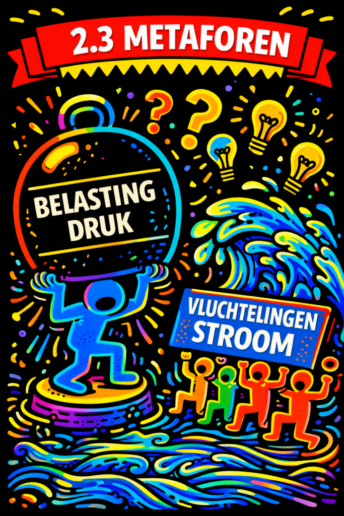 Pop-art illustratie van metaforen met een figuur onder “BELASTINGDRUK” en een golf “VLUCHTELINGENSTROOM”.