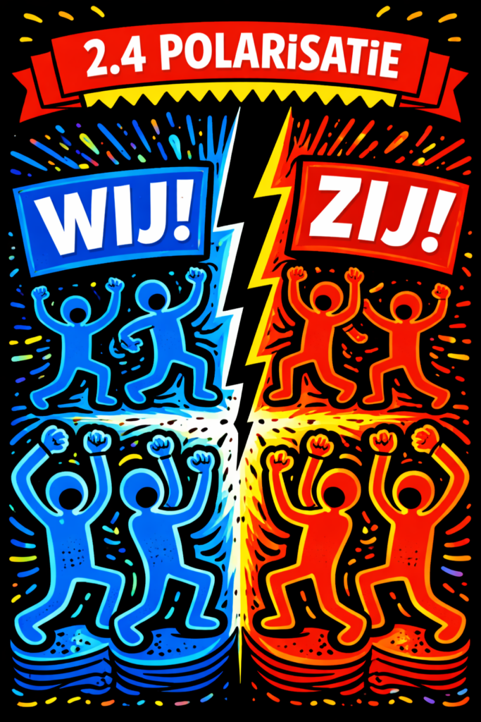 Pop-art illustratie van polarisatie met blauwe “WIJ” en rode “ZIJ” groepen gescheiden door een bliksemschicht.