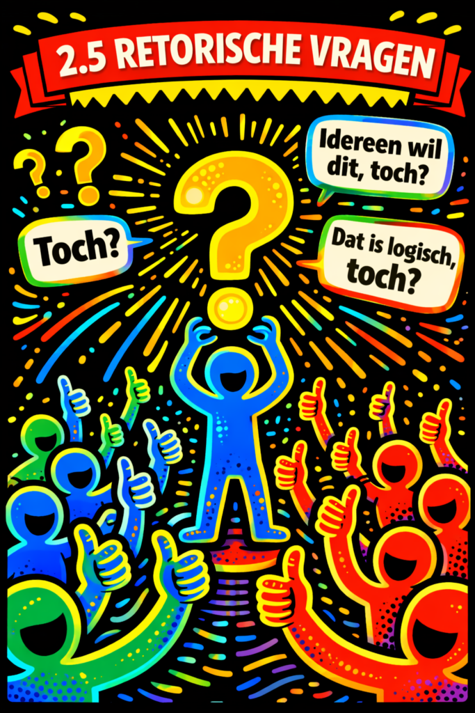 Pop-art illustratie van retorische vragen met groot vraagteken en tekstballonnen “Toch?” en “Iedereen wil dit, toch?”.