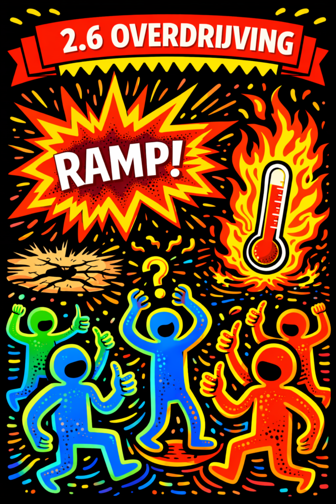 Pop-art illustratie van overdrijving met kleine scheur en enorme explosie “RAMP!” en brandende thermometer.