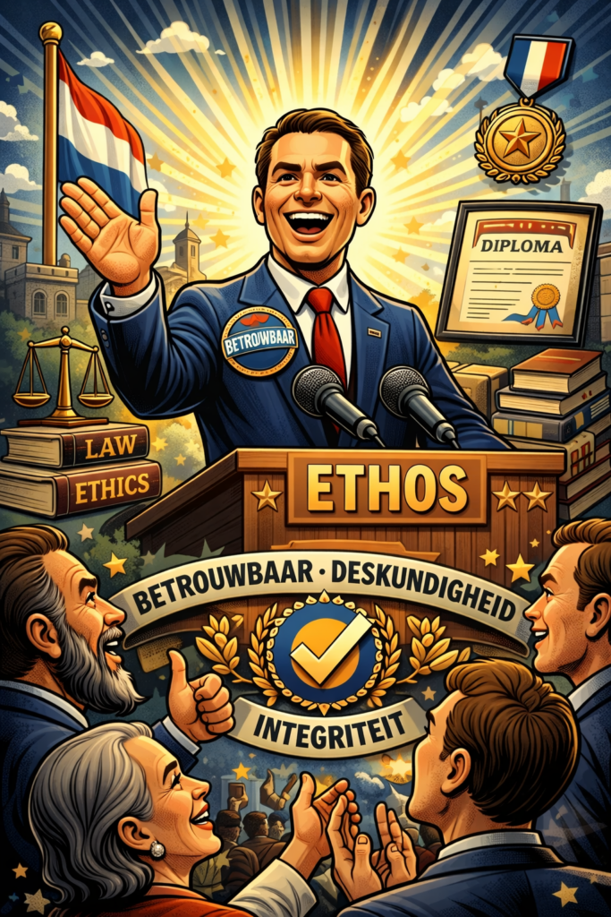 Cartoonillustratie van een zelfverzekerde politicus achter een podium met het woord Ethos, omringd door symbolen van integriteit, wetgeving en deskundigheid.