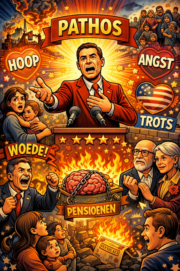 Cartoonillustratie van een emotioneel sprekende politicus met symbolen van hoop, angst, woede en trots als verbeelding van pathos in politieke retoriek.