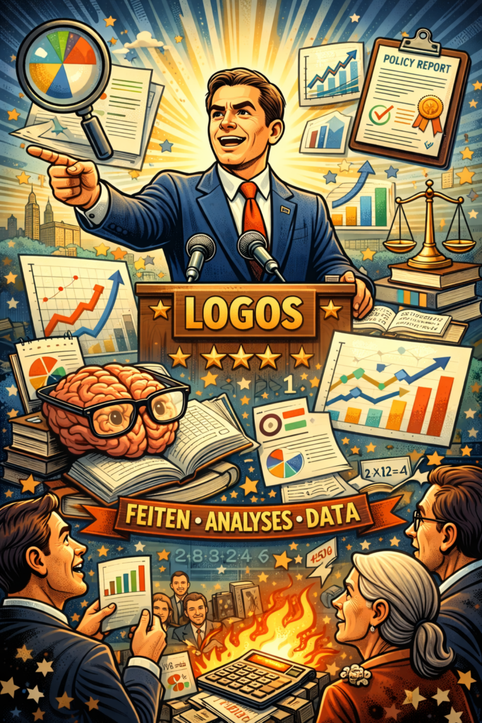 Cartoonillustratie van een politicus achter een podium met het woord Logos, omringd door grafieken, rapporten en data als symbool voor rationele argumentatie.