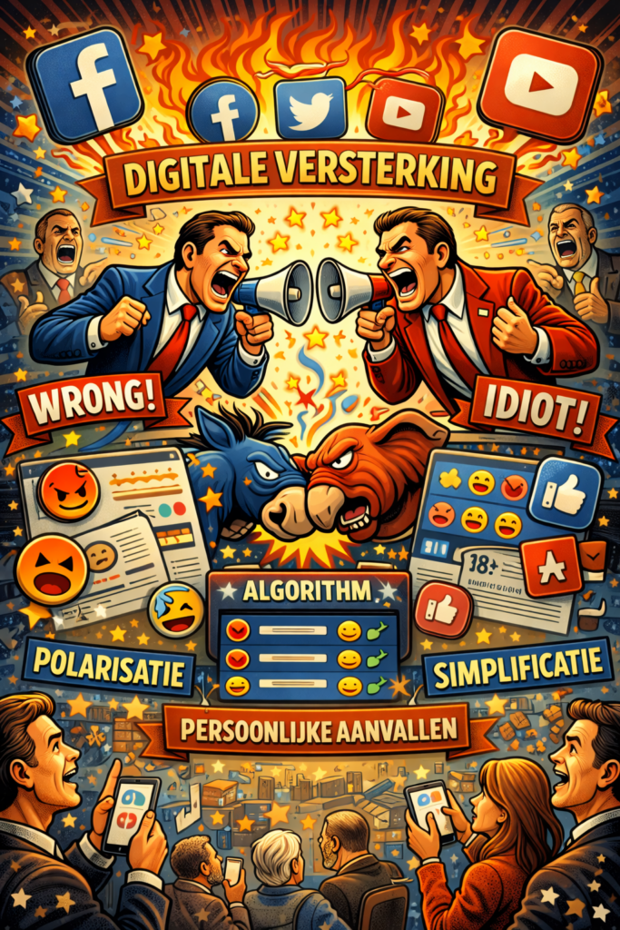 Cartoonillustratie van schreeuwende politici, sociale media-iconen en een algoritme dat polarisatie en persoonlijke aanvallen versterkt.