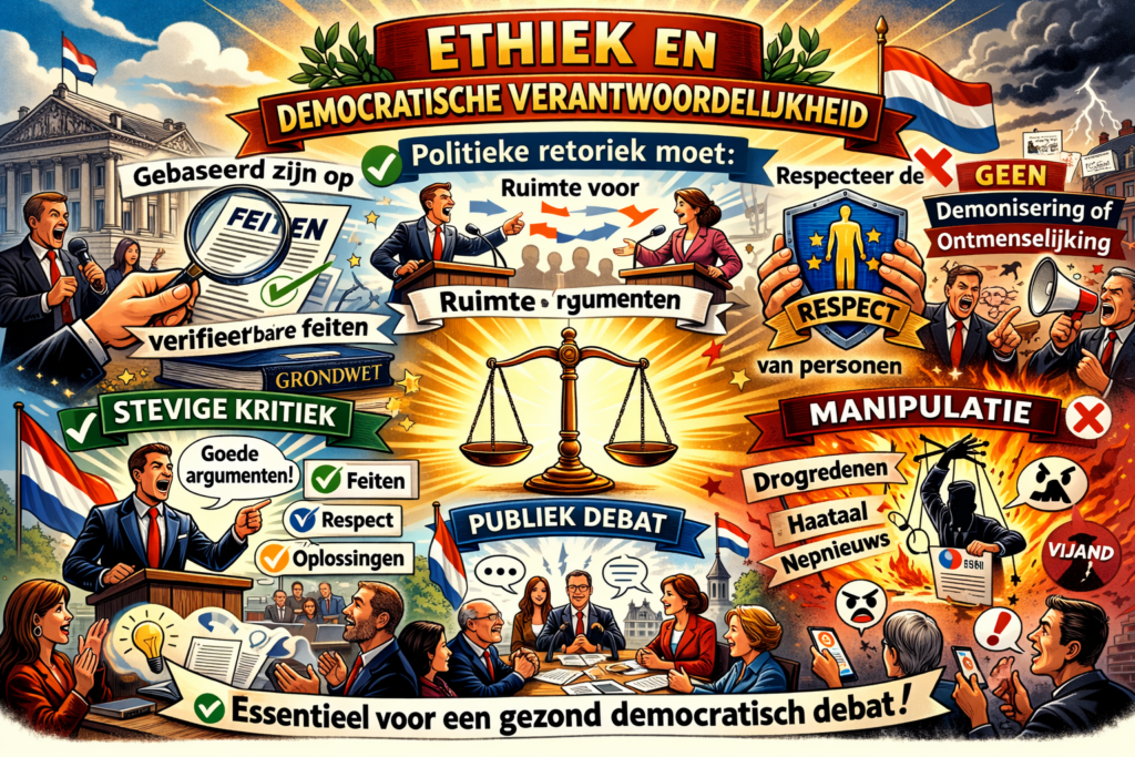 Cartooninfographic over ethiek en democratische verantwoordelijkheid met symbolen van feiten, respect, publiek debat en afwijzing van manipulatie en demonisering.