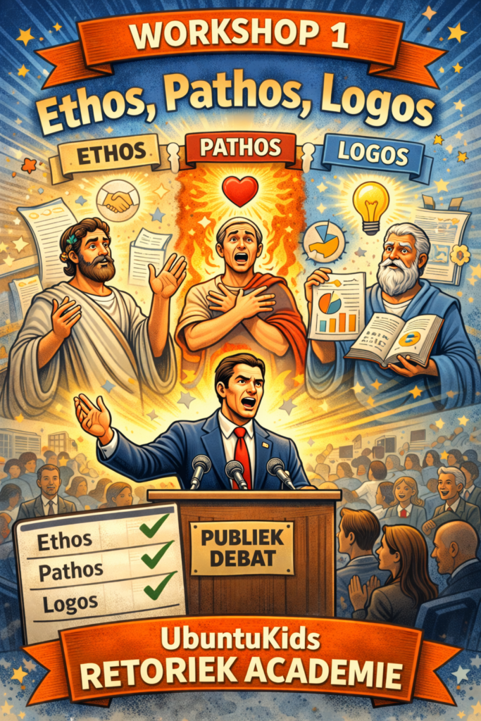 Cartoonillustratie van Workshop 1 over Ethos, Pathos en Logos met spreker aan podium en symbolen van geloofwaardigheid, emotie en logica.