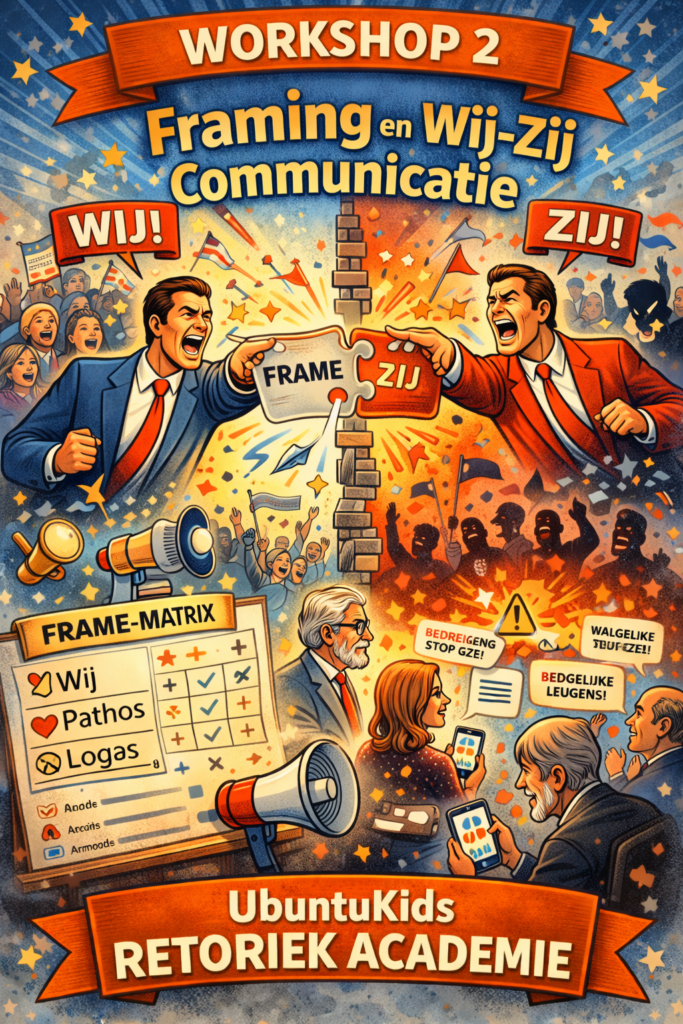 Cartoonillustratie van Workshop 2 over framing en wij-zij communicatie met botsende groepen en frame-analyse.
