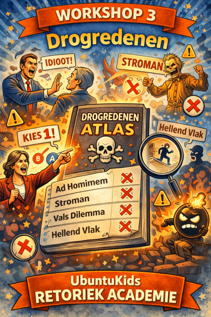 Cartoonillustratie van Workshop 3 over drogredenen met voorbeelden zoals ad hominem, stroman en vals dilemma.