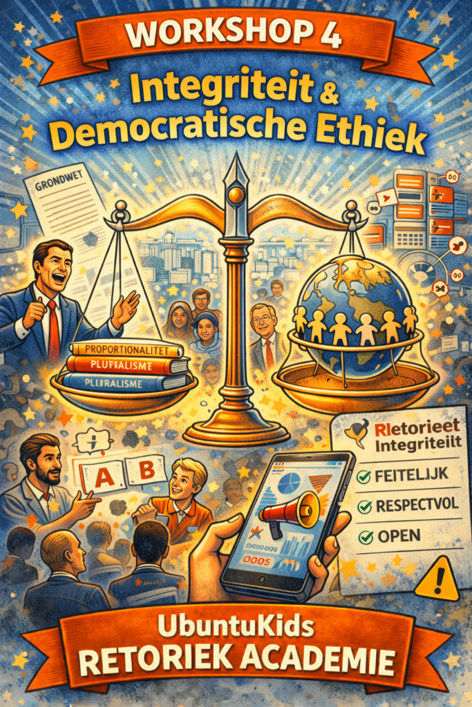 Cartoonillustratie van Workshop 4 over integriteit en democratische ethiek met weegschaal, grondwet en symbolen van pluralisme en respect.