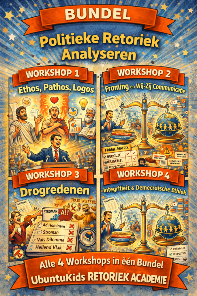 Cartoonillustratie van de bundel met vier workshops over politieke retoriek: Ethos Pathos Logos, Framing, Drogredenen en Democratische Ethiek.