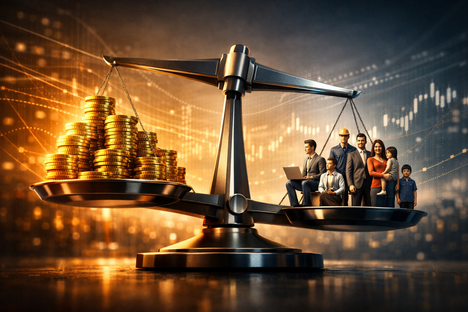 Moderne digitale weegschaal met aan de ene kant gouden munten en aan de andere kant een diverse groep mensen (freelancer, ondernemer, arbeider en gezin), tegen een achtergrond van datastromen en financiële grafieken.
