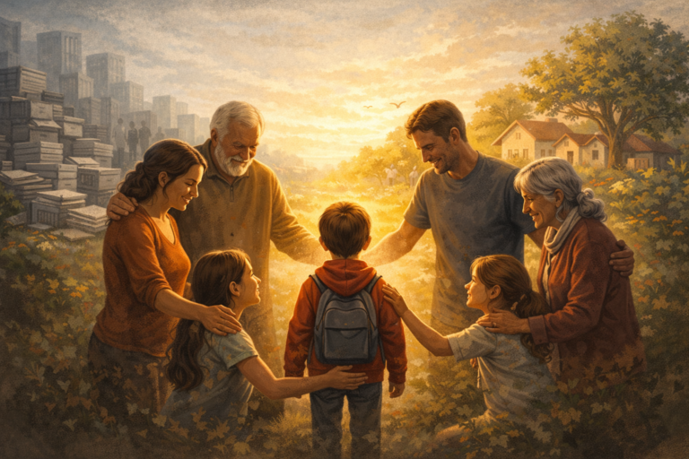 Kind omringd door familie en gemeenschap