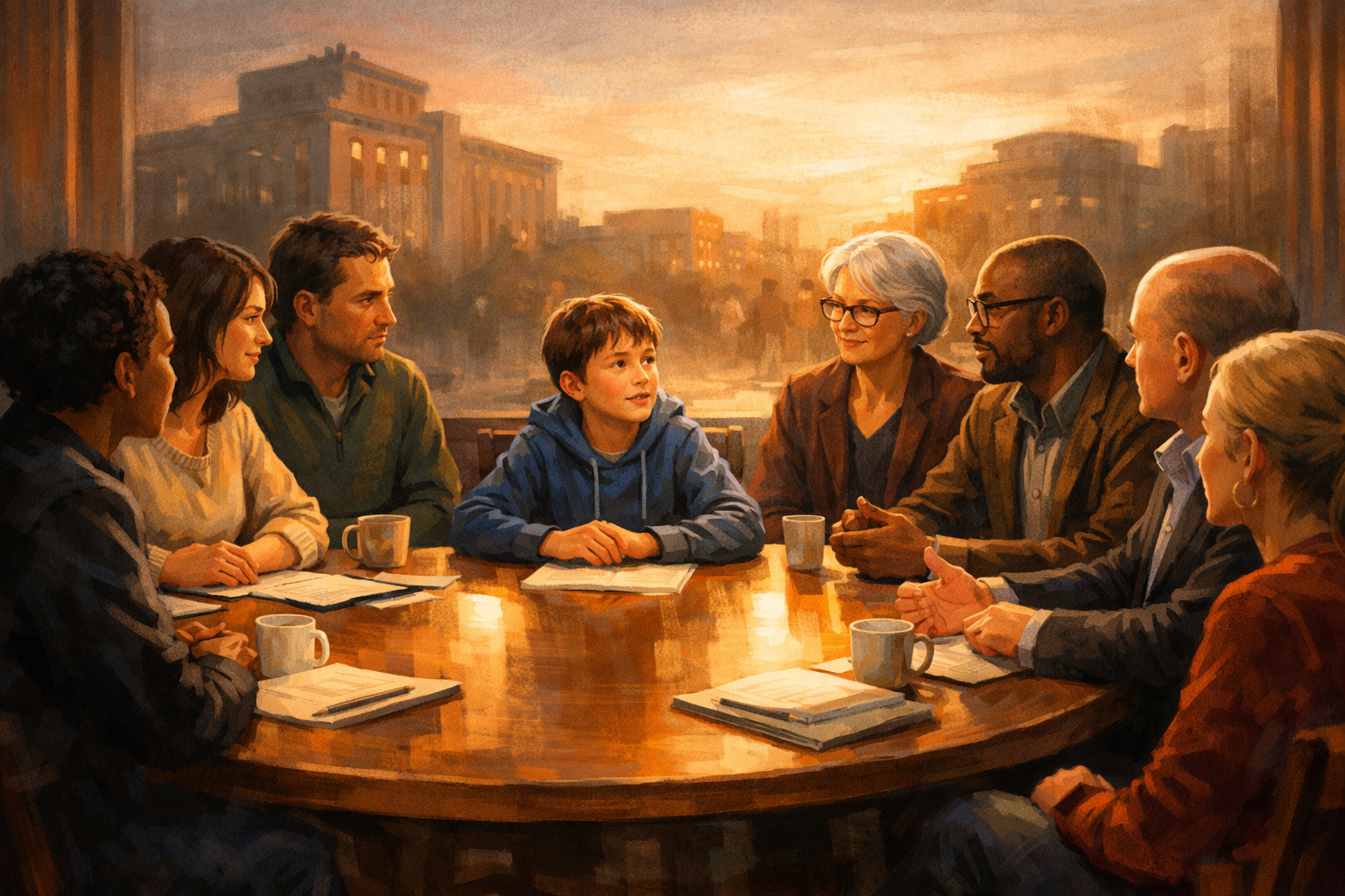 Kind en ouders in gesprek met professionals