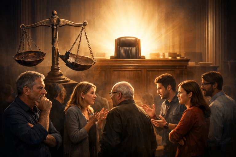 Lege rechterstoel met burgers die verantwoordelijkheid nemen