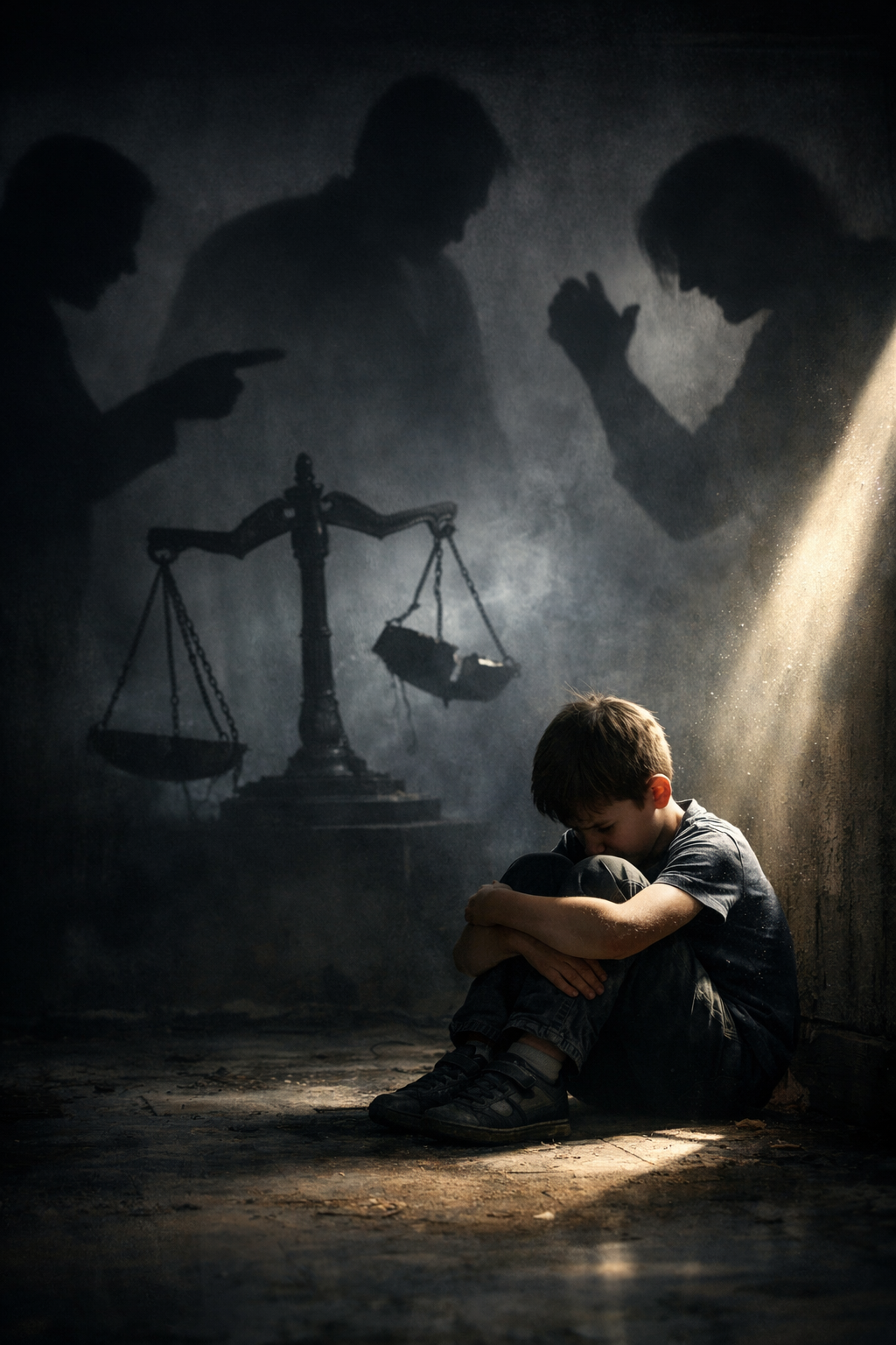 Kind in donkere kamer met schaduwen en gebroken weegschaal