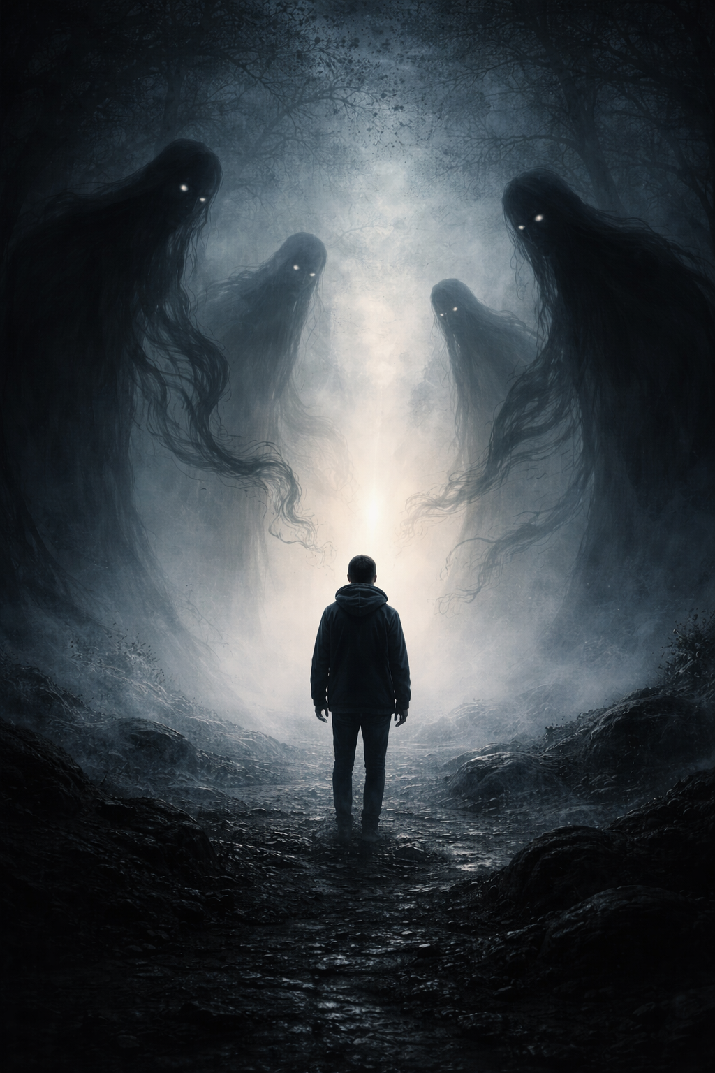 Persoon staat tegenover dreigende schaduwen in mist als symbool voor angst en bewustwording