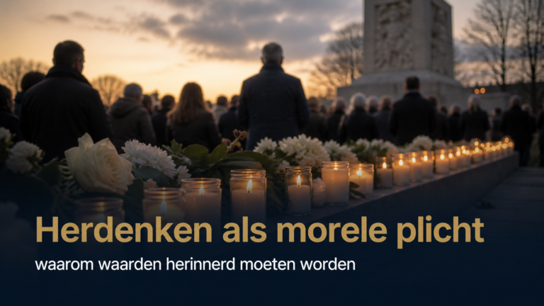 Kaarsen, bloemen en mensen bij een herdenkingsmonument op 4 mei, met de tekst Herdenken als morele plicht.