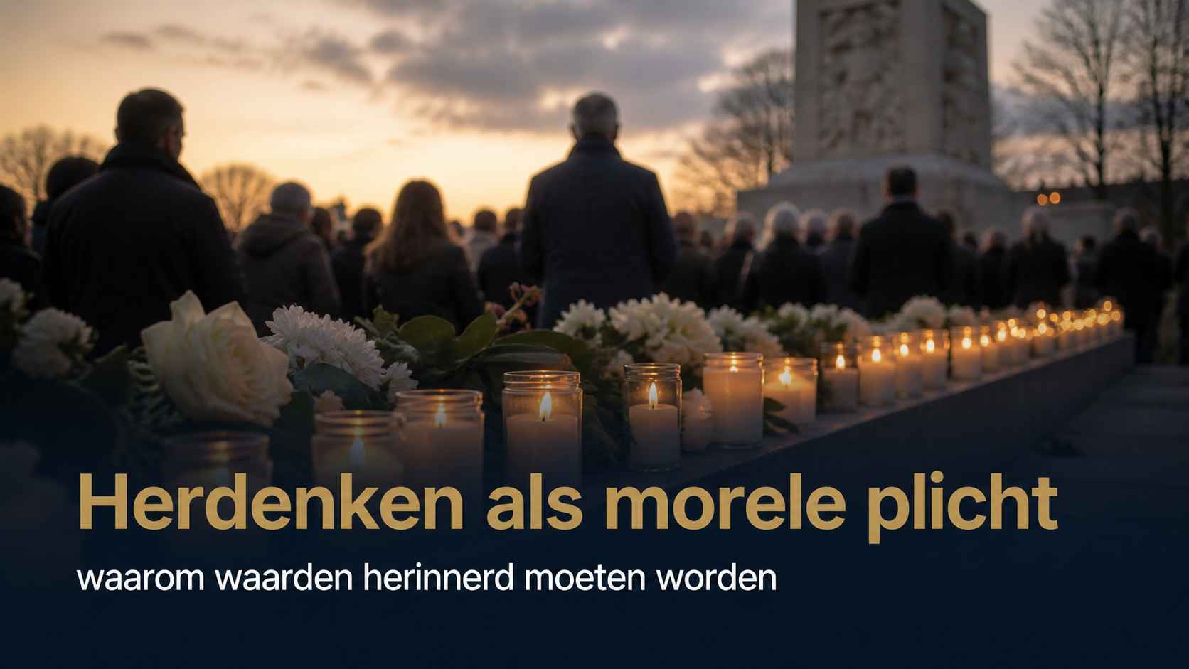 Kaarsen, bloemen en mensen bij een herdenkingsmonument op 4 mei, met de tekst Herdenken als morele plicht.