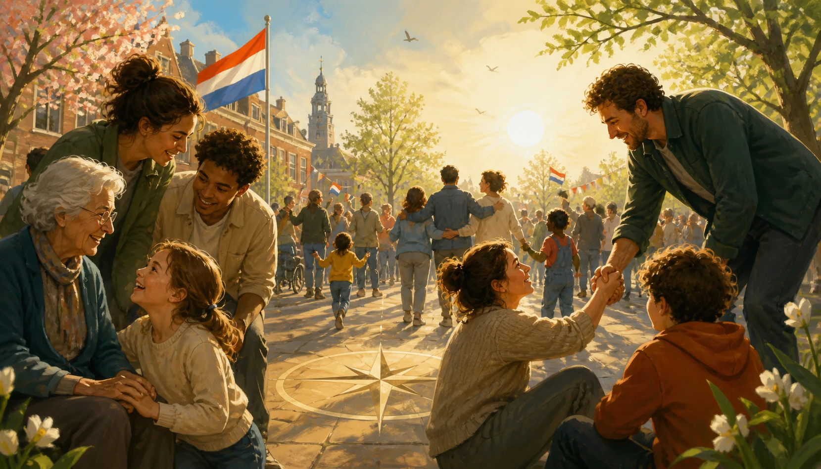 Mensen vieren Bevrijdingsdag op een zonnig plein, waar vrijheid, zorg en verantwoordelijkheid zichtbaar samenkomen.