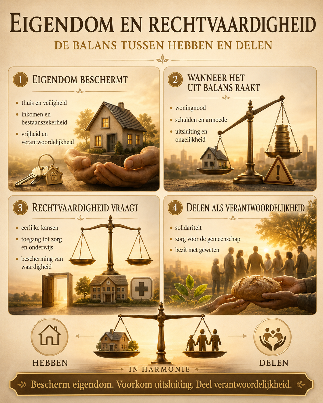 Infographic over eigendom en rechtvaardigheid met vier kernpunten: eigendom beschermt, onbalans leidt tot uitsluiting, rechtvaardigheid vraagt eerlijke kansen en delen is verantwoordelijkheid.