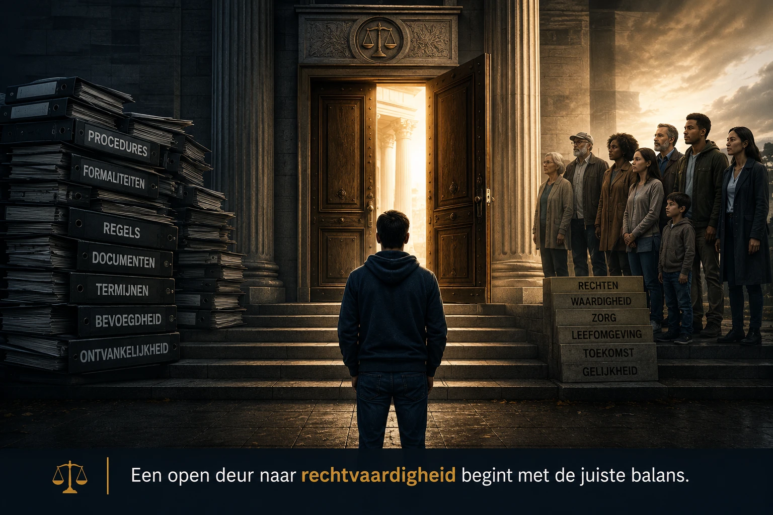 Burger staat voor een geopende gerechtsdeur tussen stapels procedures en een groep mensen die maatschappelijke belangen vertegenwoordigen.