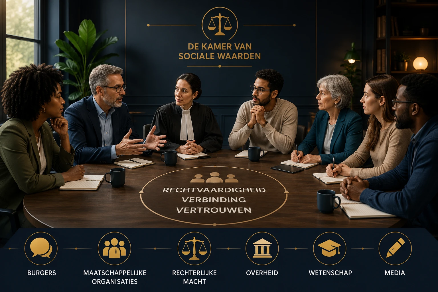 Diverse groep burgers en professionals in gesprek over rechtvaardigheid, vertrouwen, democratie en maatschappelijke waarden.