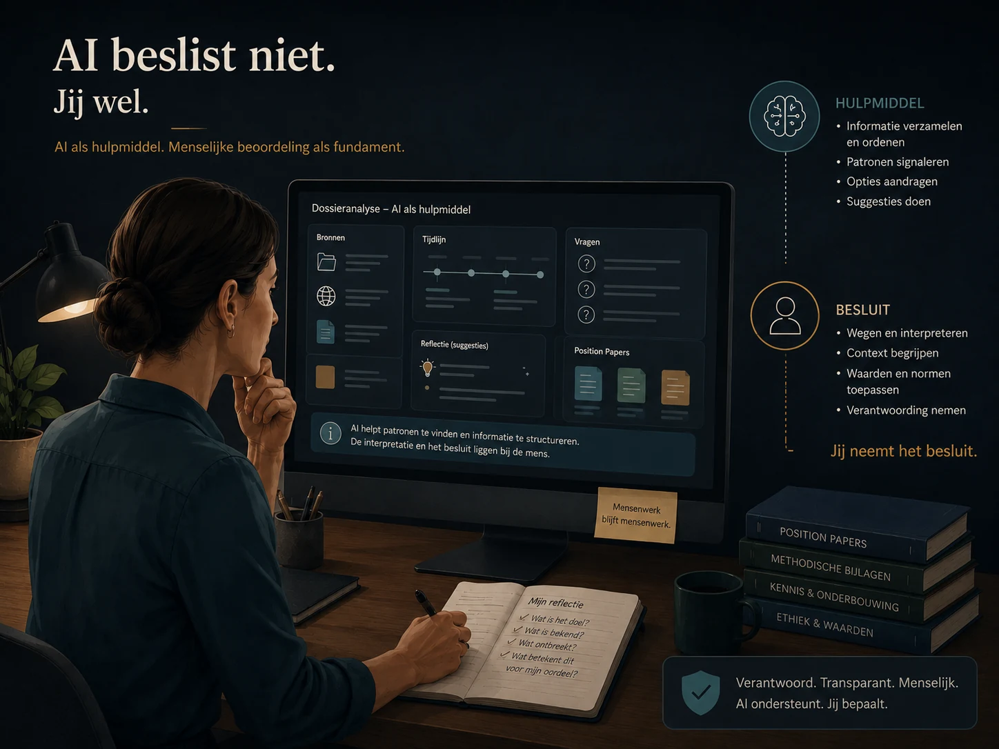 Menselijke beoordelaar gebruikt AI als hulpmiddel voor bronnen, tijdlijn en reflectie zonder dat AI een besluit neemt.