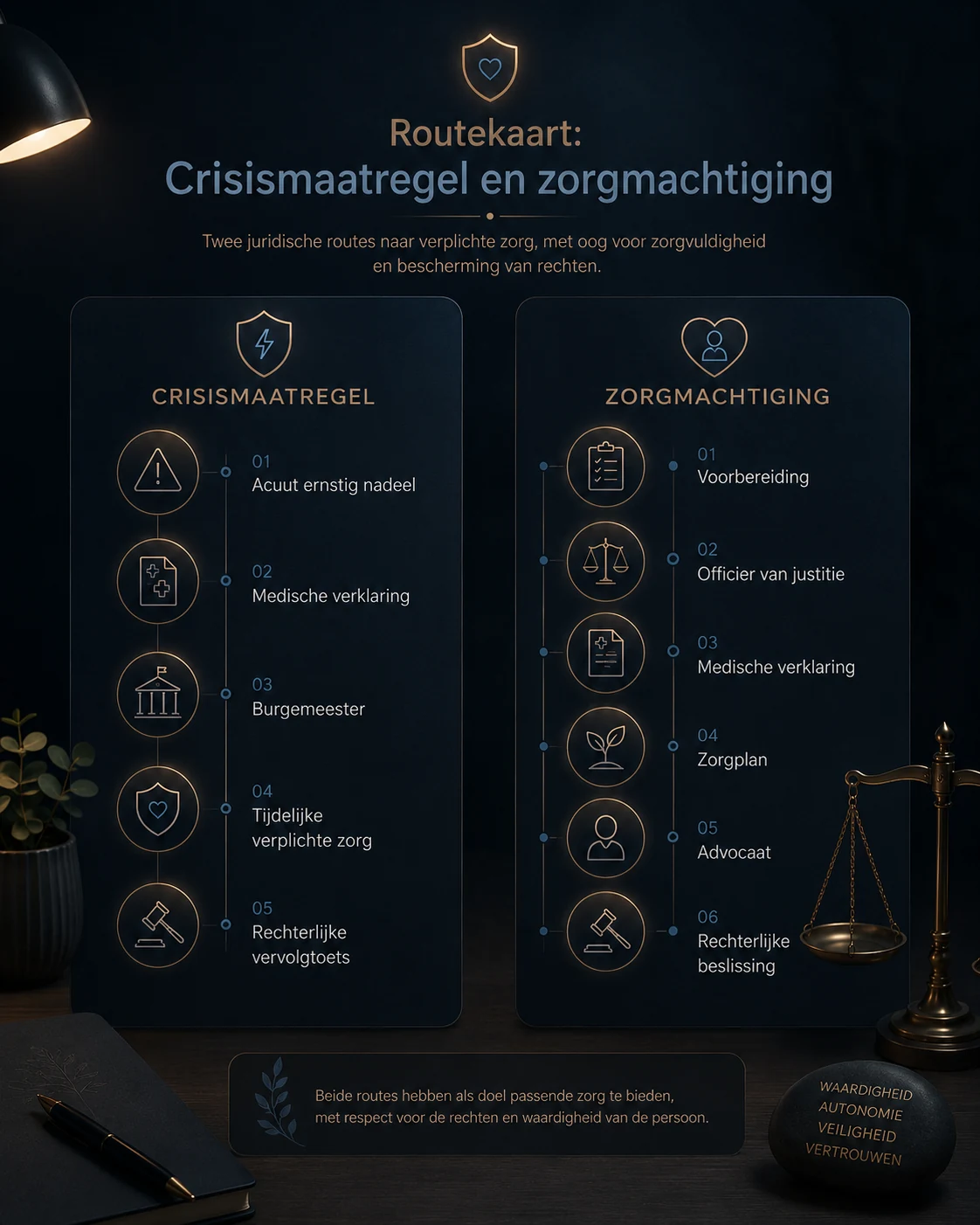 Routekaart die de crisismaatregel en de zorgmachtiging onder de Wet verplichte geestelijke gezondheidszorg naast elkaar vergelijkt.