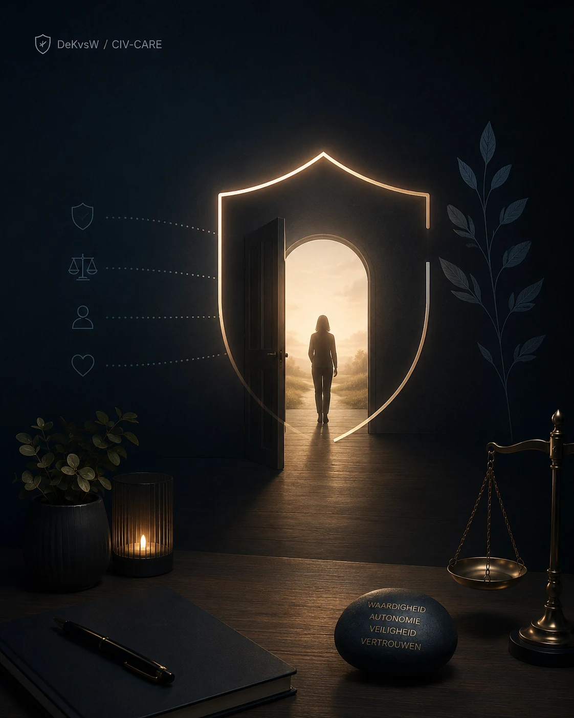 Symbolisch dark-mode beeld van een open deur, zacht licht en een beschermend schild als verbeelding van bescherming zonder beheersing.