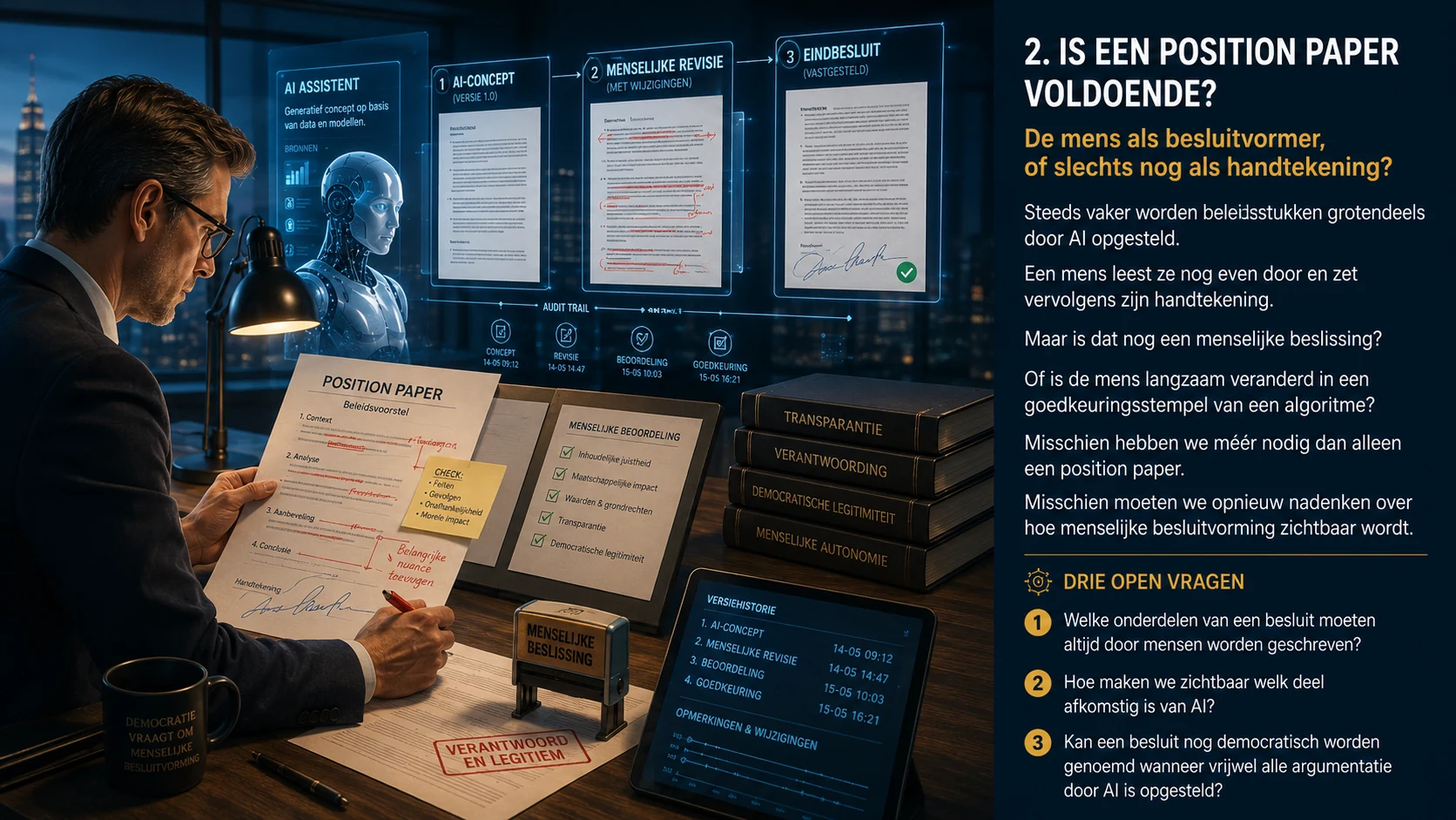Een menselijke beslisser beoordeelt en wijzigt een door AI opgesteld position paper, met zichtbare versies, audittrail en een uiteindelijke handtekening.