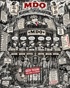 Zwart-witte satirische affiche van de grote marionettenvergadering, met gebiedsmanager, zes gezinsvoogden en een buitengesloten gezin.