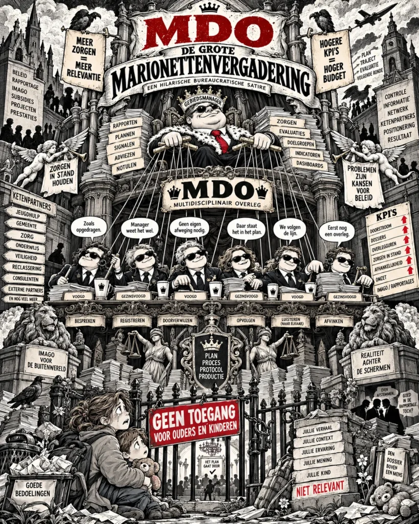 Zwart-witte satirische affiche van de grote marionettenvergadering, met gebiedsmanager, zes gezinsvoogden en een buitengesloten gezin.