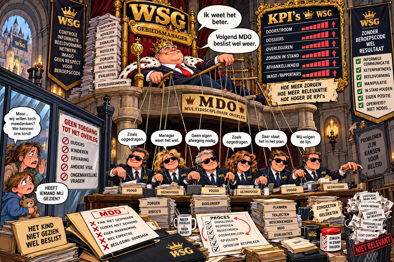 Satirische illustratie: gebiedsmanager als poppenspeler boven een multidisciplinair overleg met voogden als marionetten